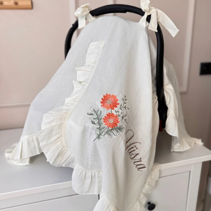 Müslin Ekru Set – Yastık, Battaniye, Puset Örtüsü ve Bebe Yaka Tulum