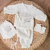Nakış İşlemeli Müslin Alt Üst Takım ve Şapka Set