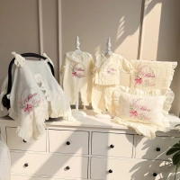 Nakışlı İşlemeli Müslin İsimli Fırfırlı Battaniye-Tulum-Alt Üst Takım-Yastık-Puset Örtüsü