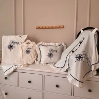 Pamuk Saten Hastane Çıkış Seti – Yastık, Battaniye, Puset Örtüsü & Tulum–Şapka