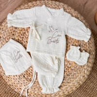 Nakış İşlemeli Müslin Alt Üst Takım ve Şapka Set