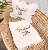 Nakışlı İşlemeli Müslin İsimli Püsküllü Battaniye ve Fırfırlı Yastık Set