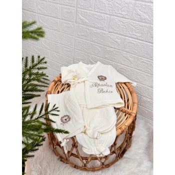 Nakış İşlemeli Müslin Alt Üst Takım ve Şapka Set