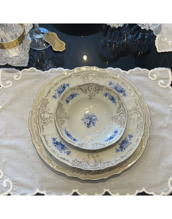 İNGİLİZ YALDIZ ORTA MAVİ ÇİÇEK IVORY 77 PARÇA YEMEK TAKIMI -