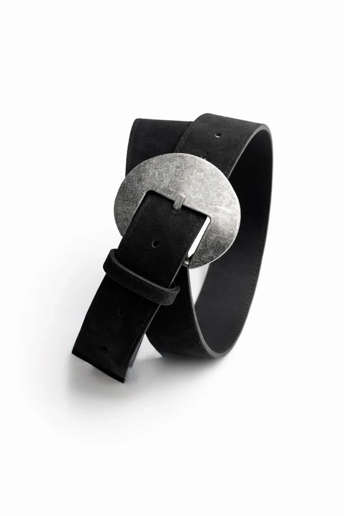 Siyah Oval Metal Tokalı Süet Kemer