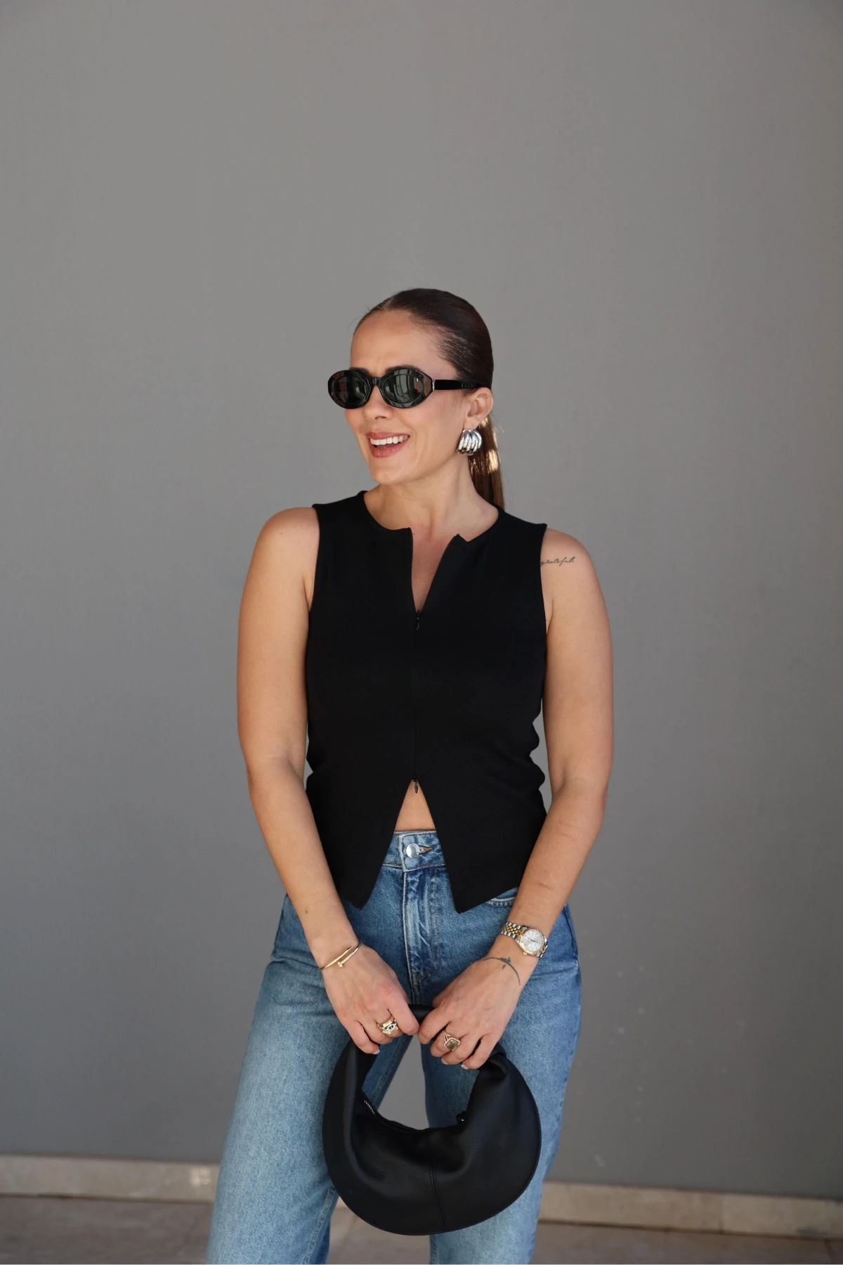 Siyah Fermuarlı Body