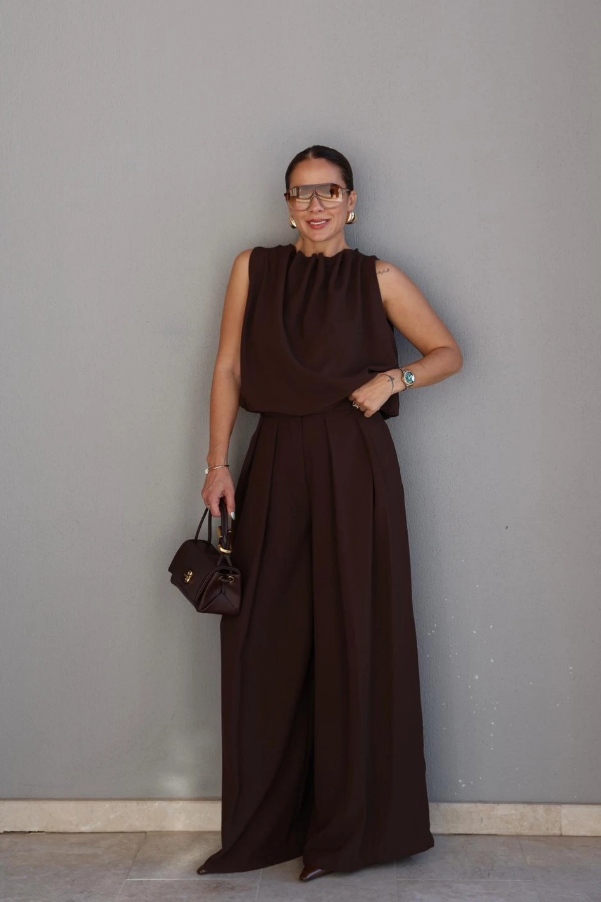 Kahverengi Bluz Palazzo Takım