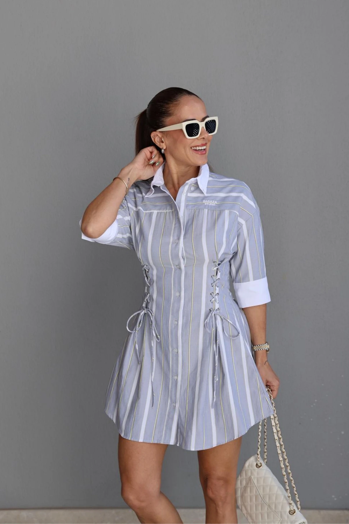 Gri Korsaj Detay Gömlek Elbise