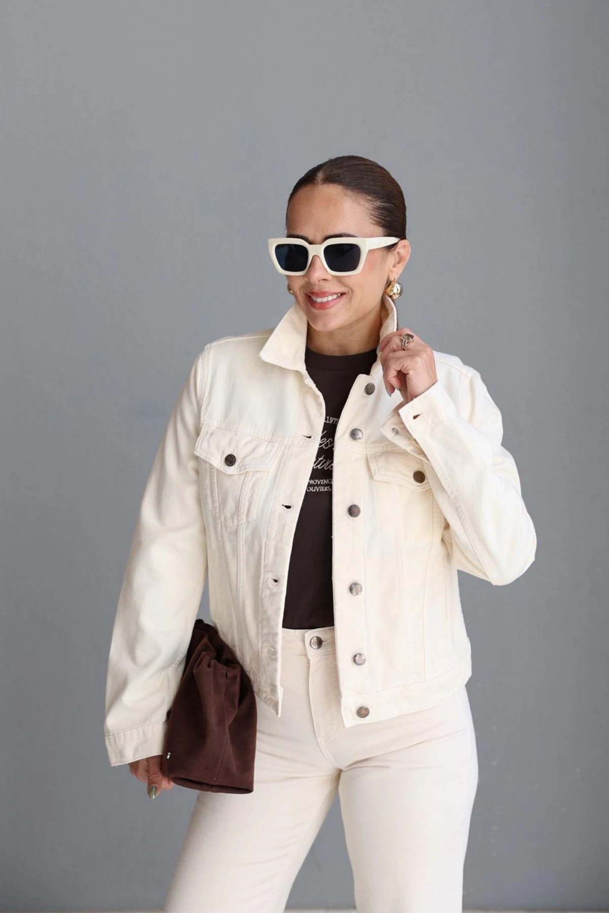 Ekru Dikiş Detay Jean Ceket