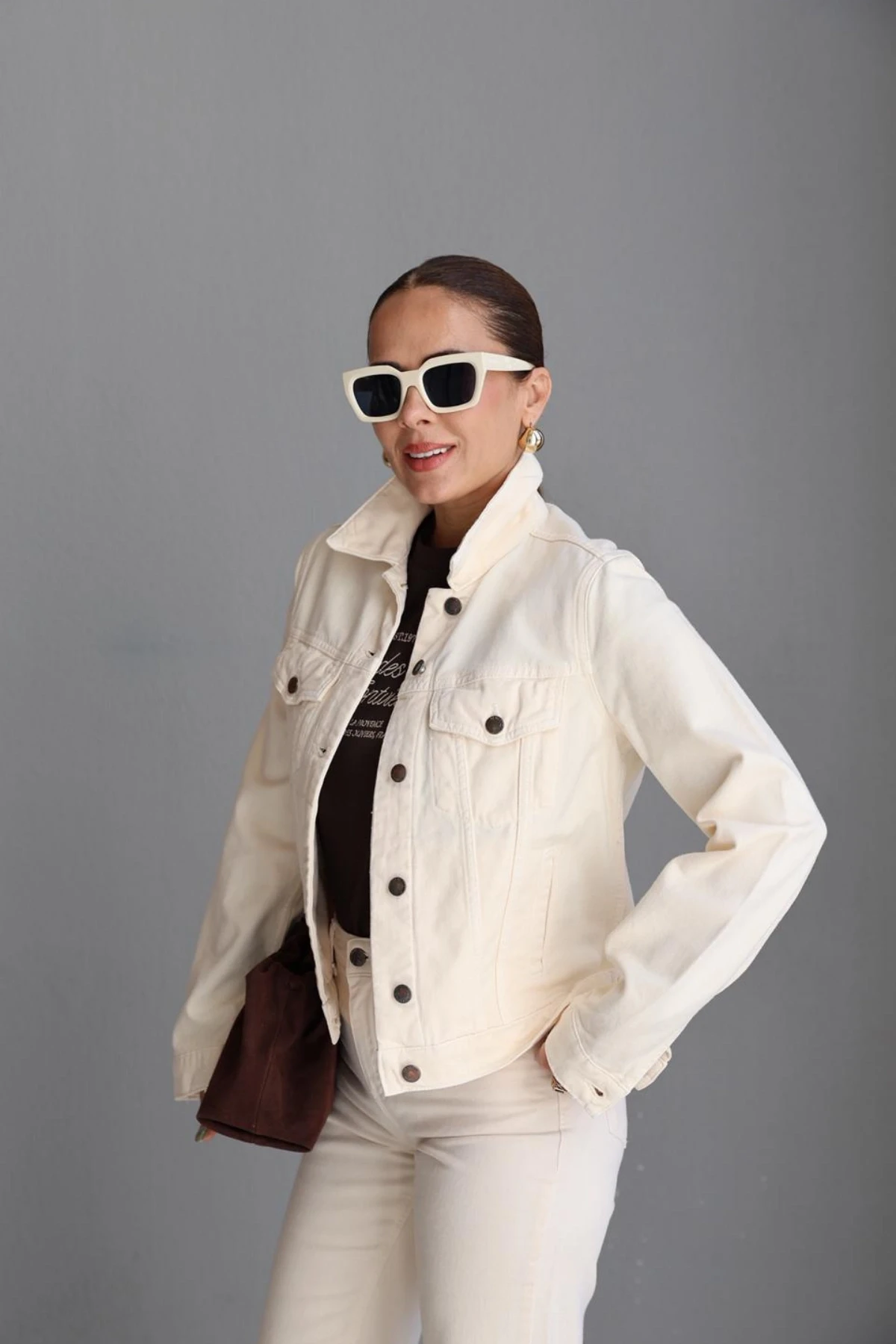 Ekru Dikiş Detay Jean Ceket