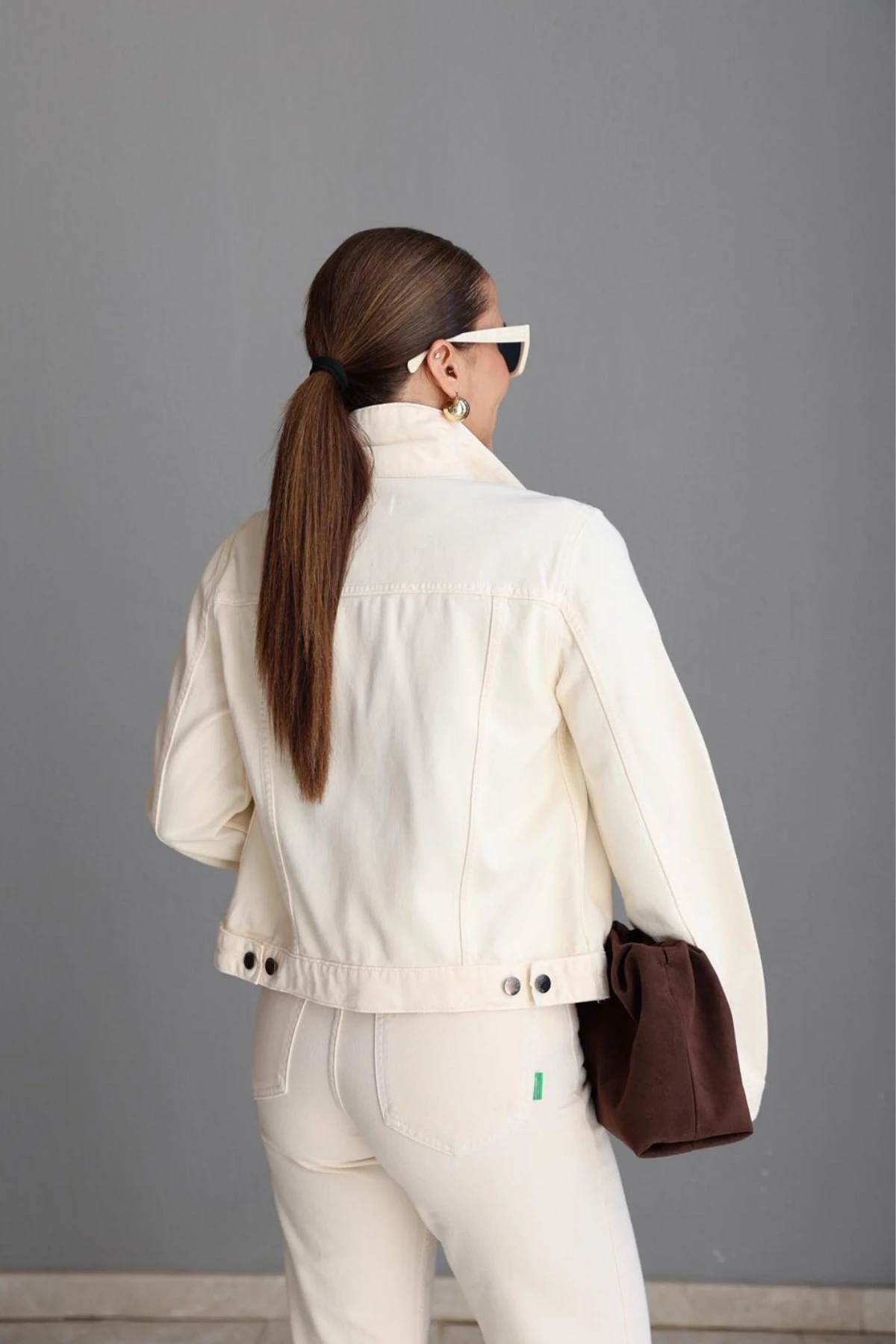 Ekru Dikiş Detay Jean Ceket