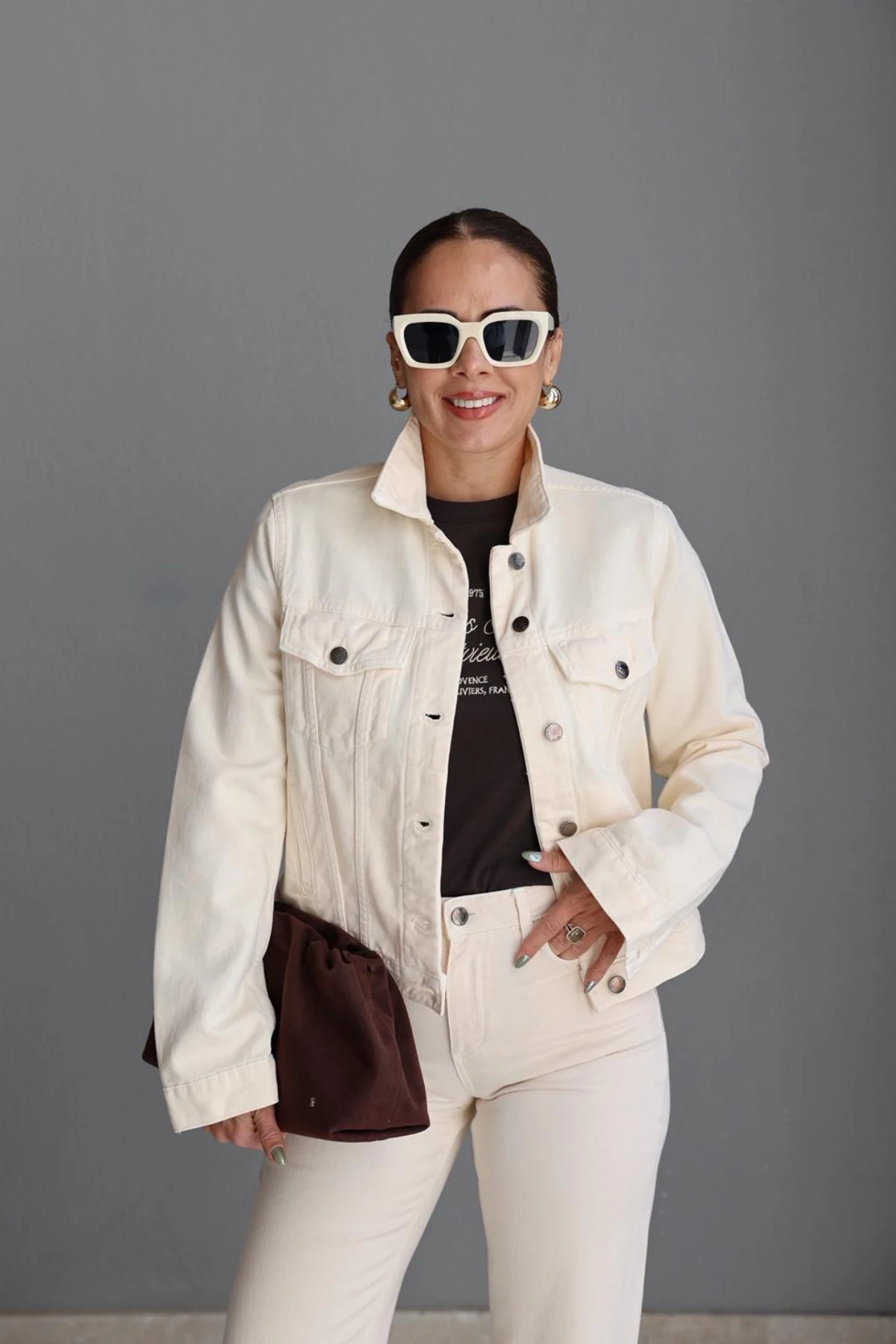 Ekru Dikiş Detay Jean Ceket