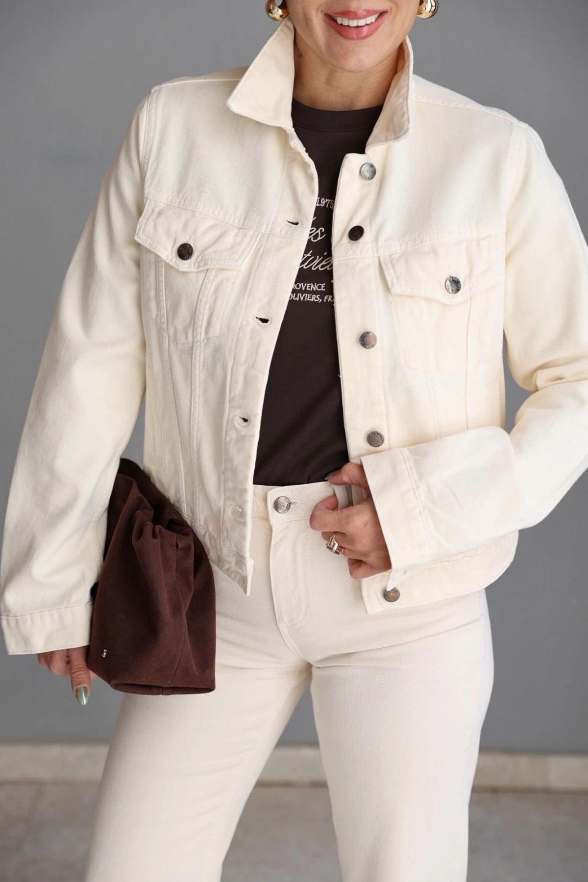 Ekru Dikiş Detay Jean Ceket