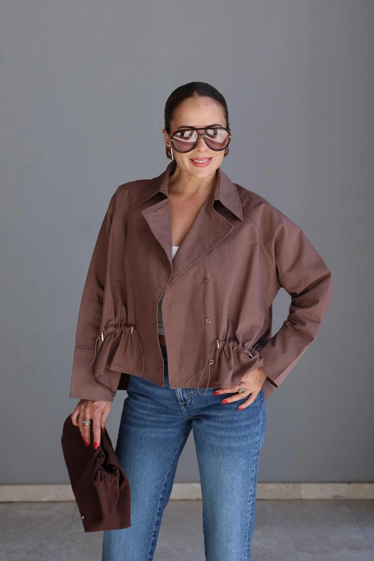Kahverengi Büzgü Detay Gömlek Ceket