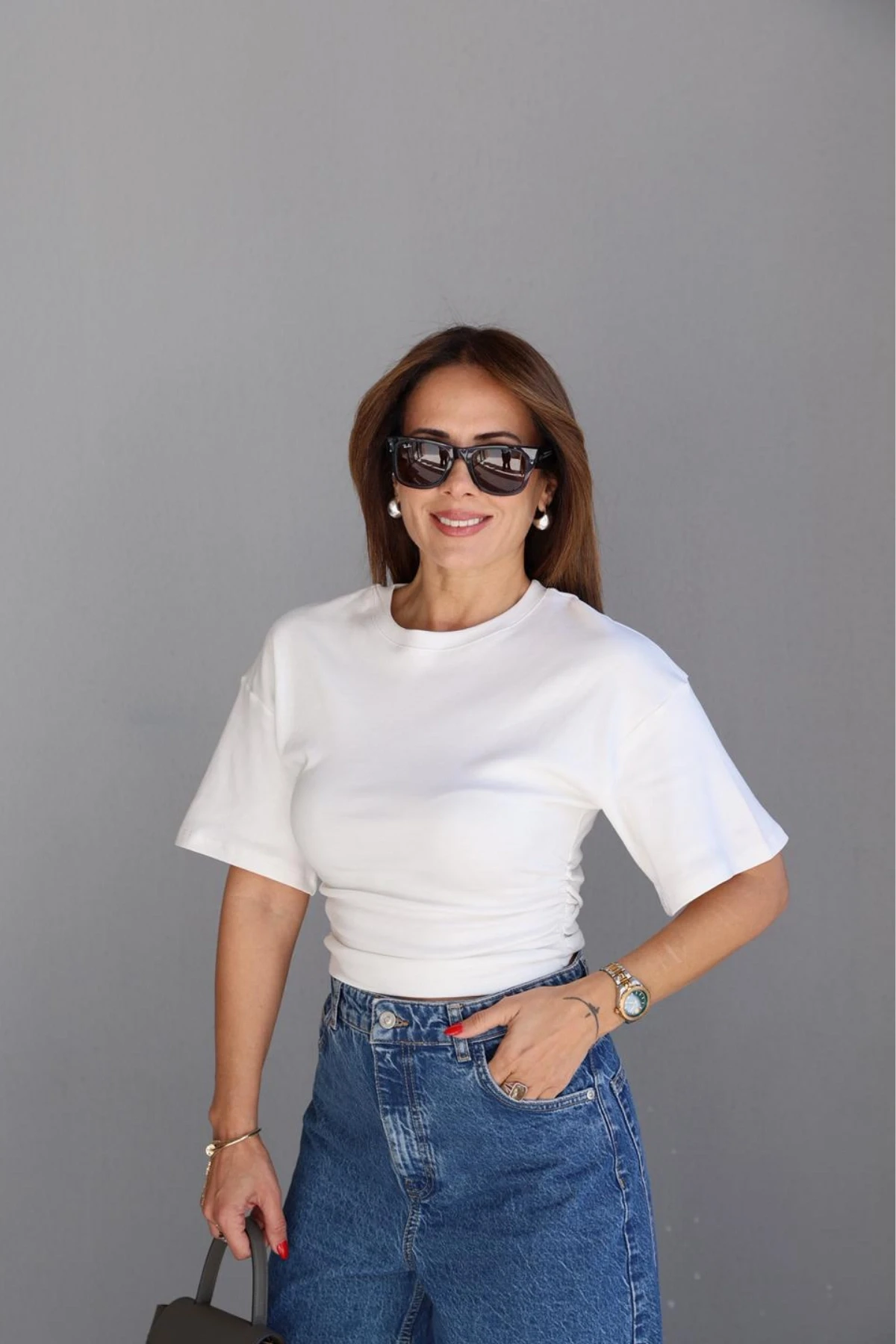 Beyaz Bel Drape Detay Tshirt