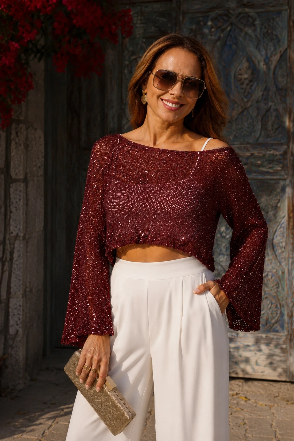 Bordo Pullu Merserize Crop Bluz