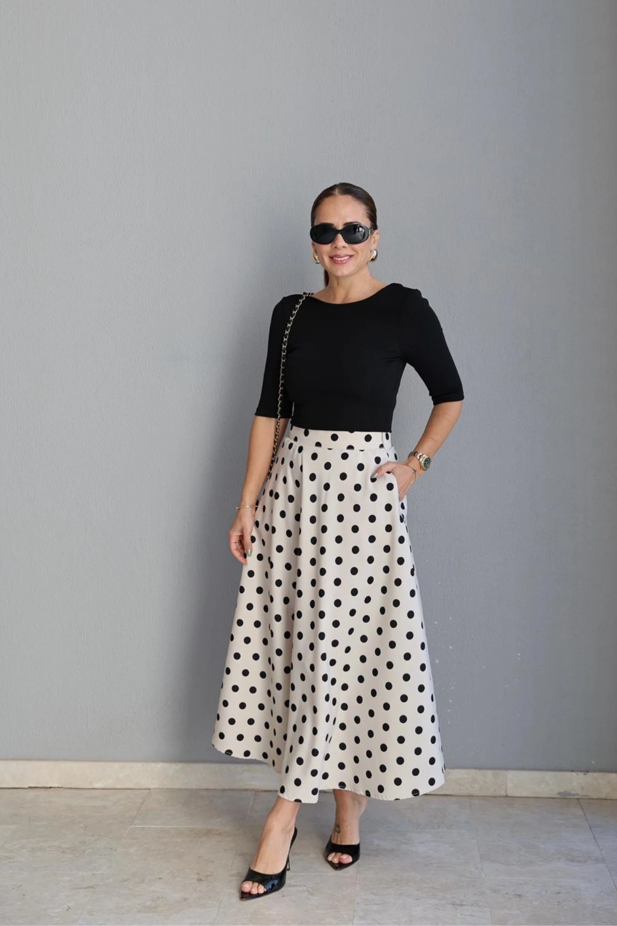 Ekru Maxi Puantiyeli Etek