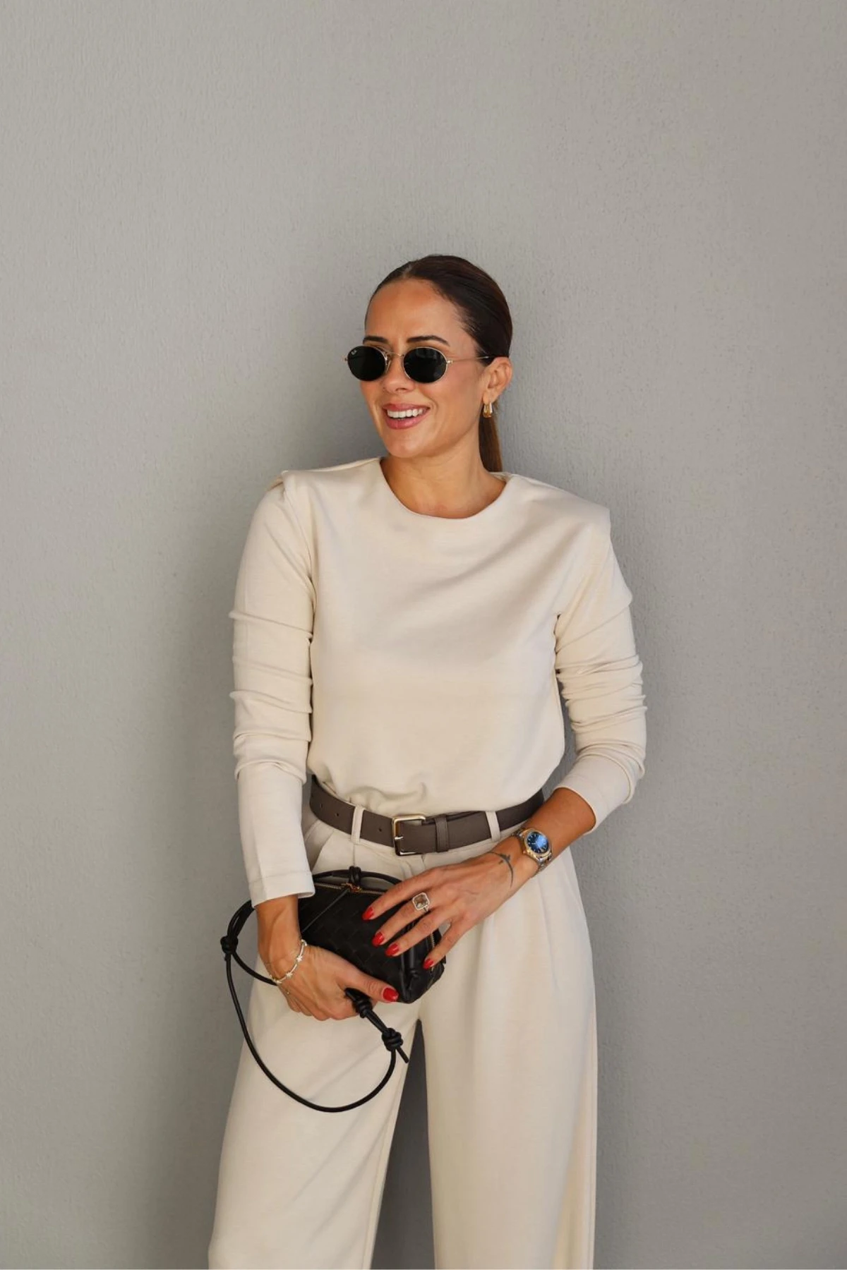 Ekru Vatkalı Bluz Pantolon Takım