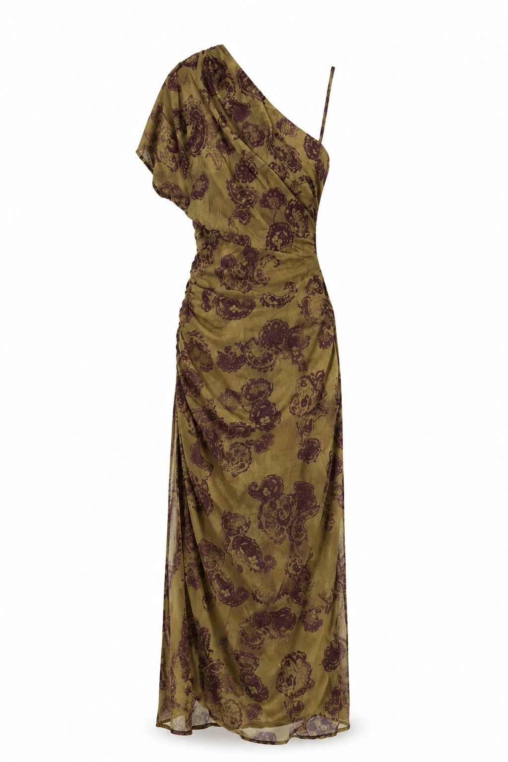 HAKİ Tek Omuz Drape Detay Desenli Elbise