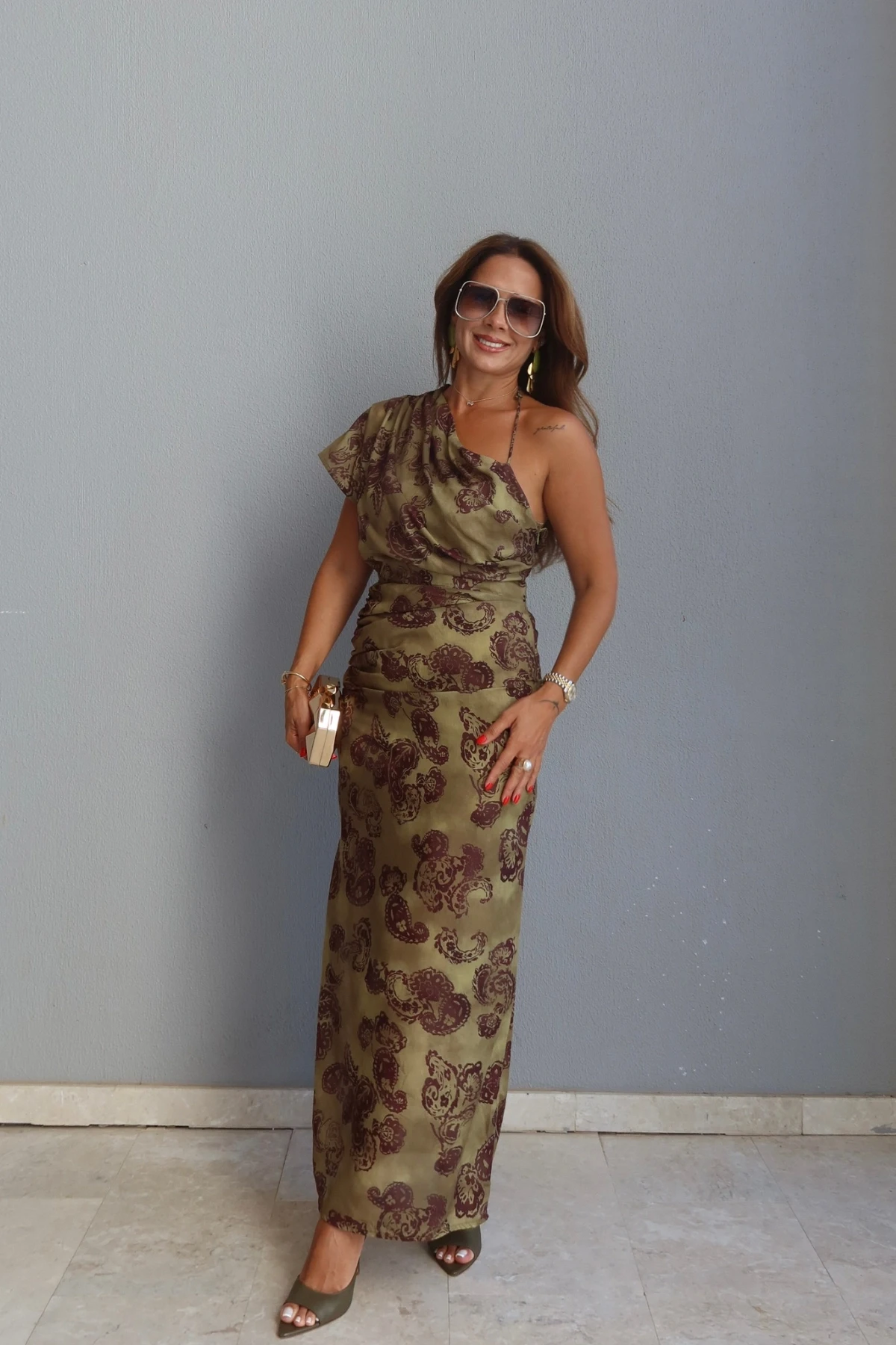 HAKİ Tek Omuz Drape Detay Desenli Elbise