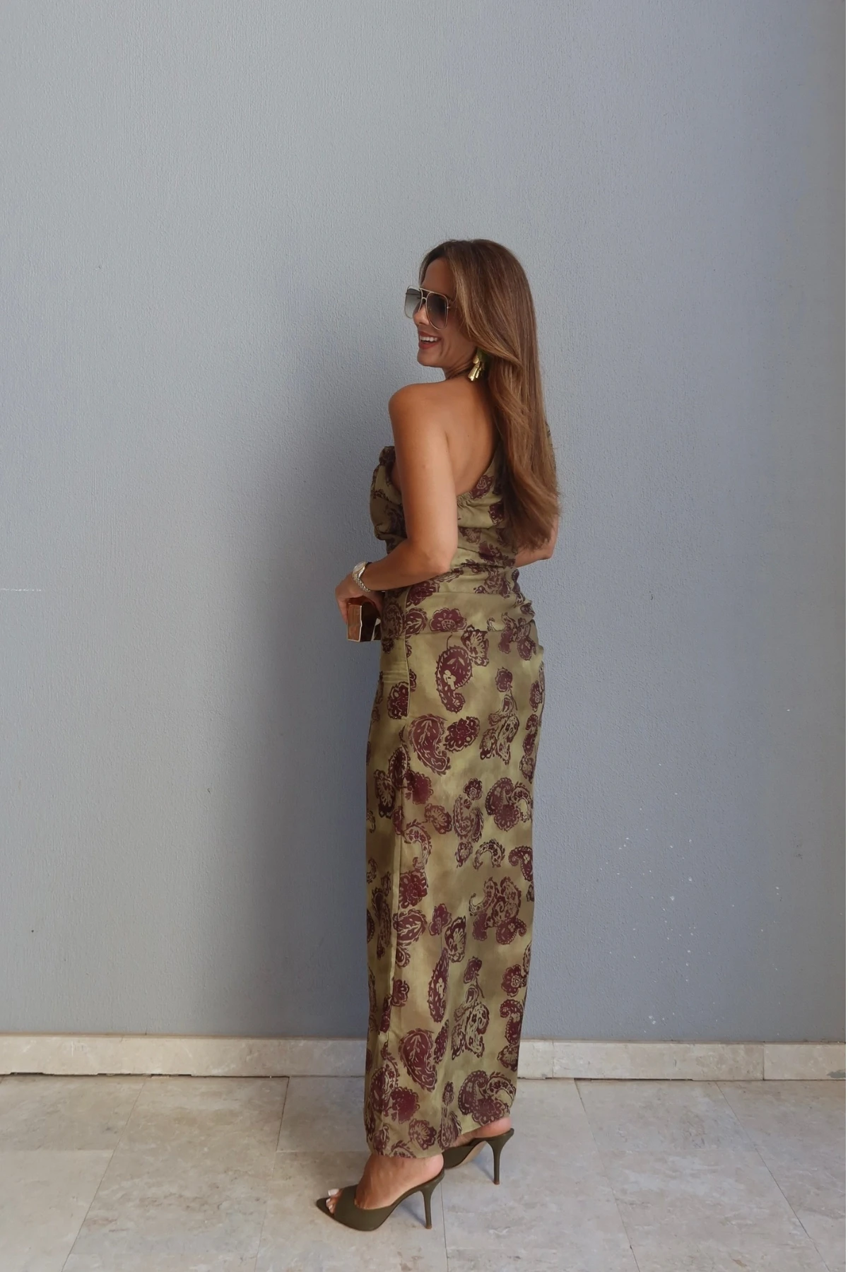 HAKİ Tek Omuz Drape Detay Desenli Elbise