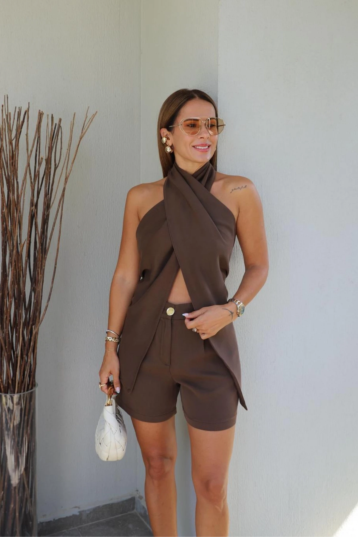 Brown Turtle Neck Cross Detail Blouse