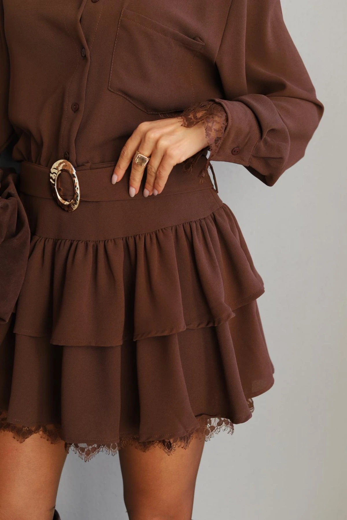 Kahverengi Dantel Detay Kuşaklı Elbise