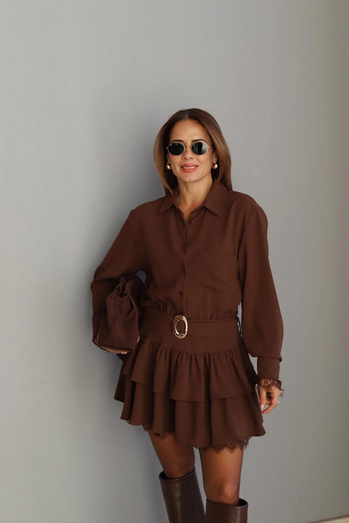 Kahverengi Dantel Detay Kuşaklı Elbise