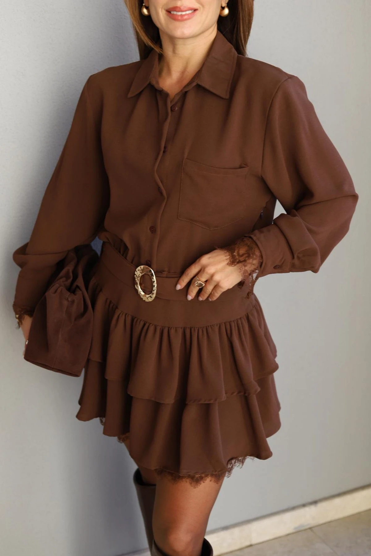 Kahverengi Dantel Detay Kuşaklı Elbise