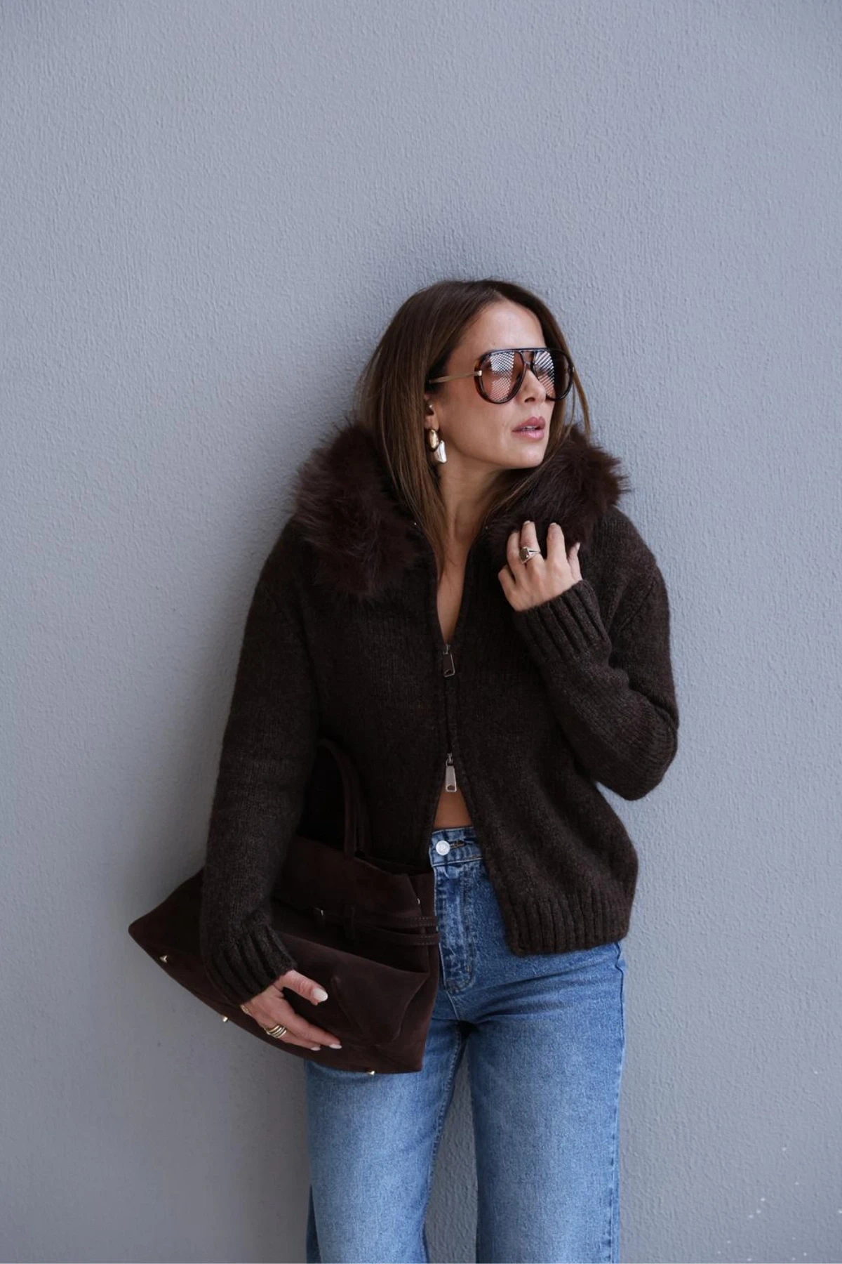 Kahverengi Kapüşonlu Kürklü Hırka