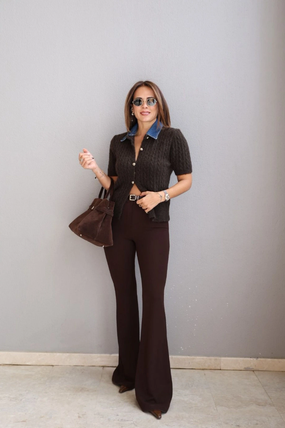 Kahverengi Kemerli İspanyol Paça Pantolon