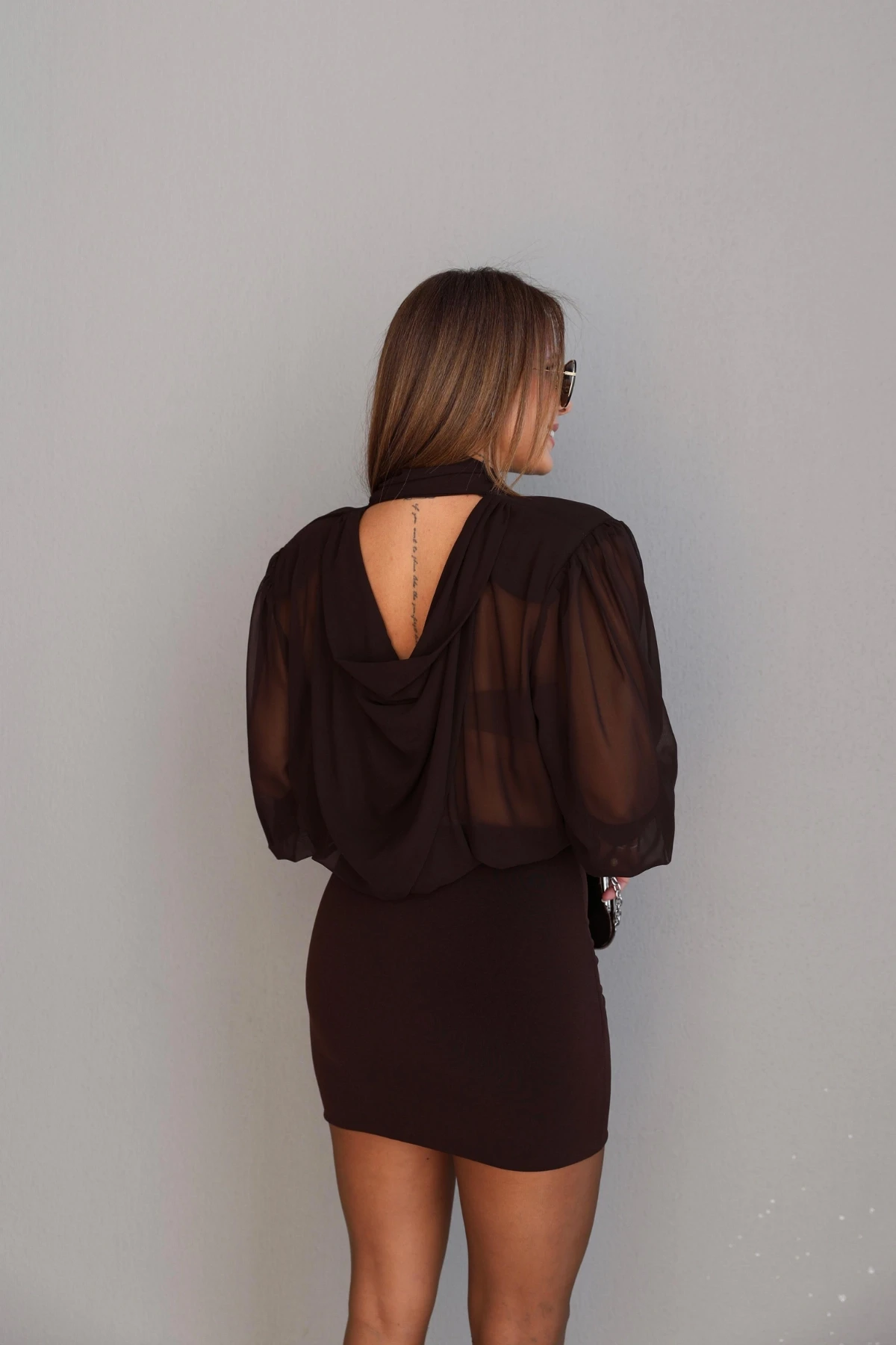 Kahverengi Mini Şifon Elbise