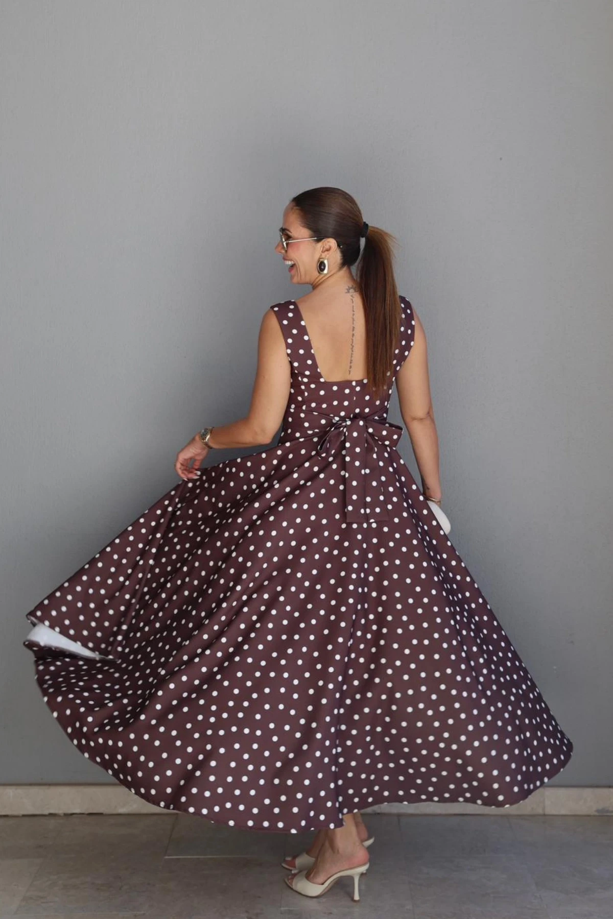 Kahverengi Puantiyeli Maxi Elbise