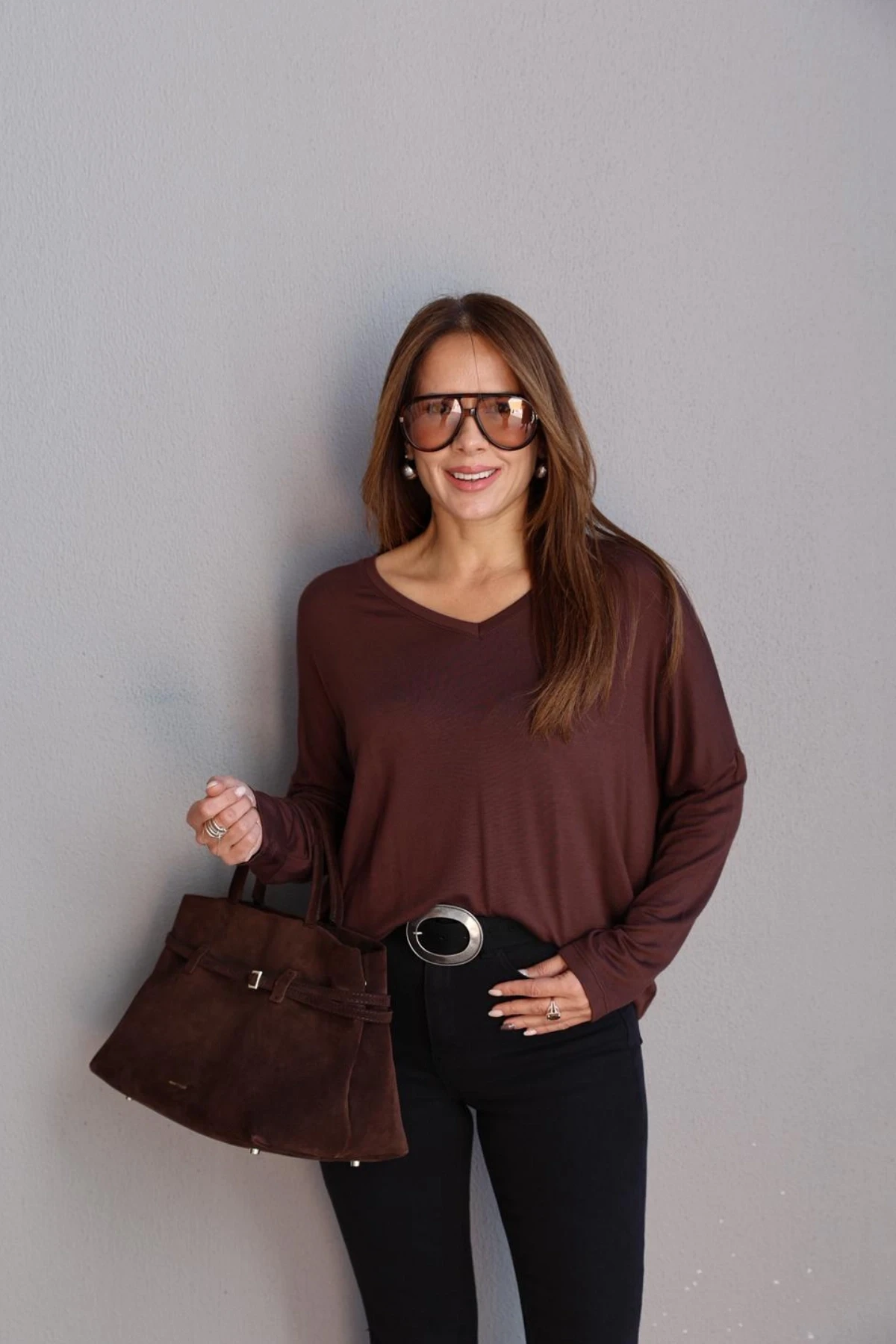 Kahverengi V Yaka Bluz