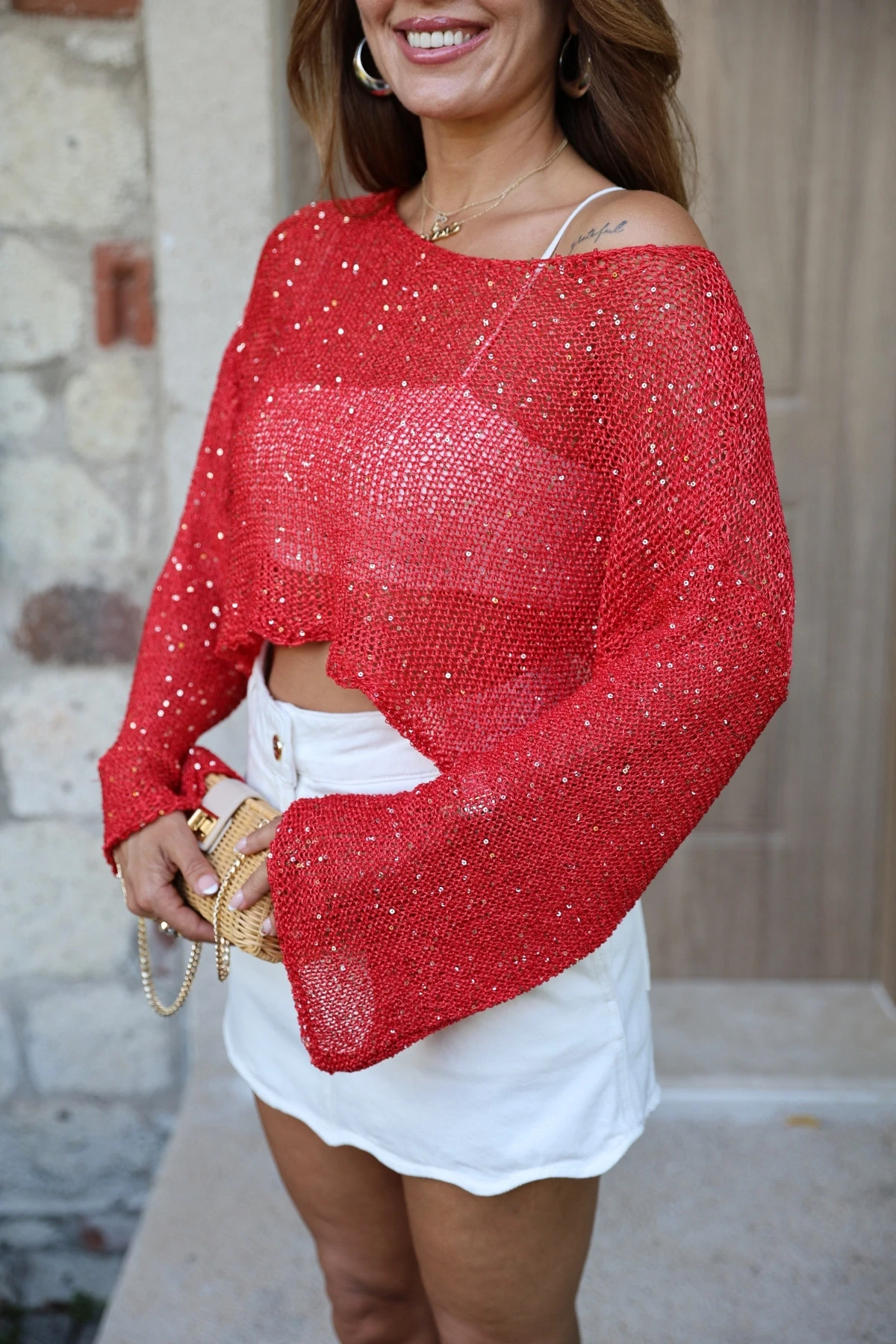 KIRMIZI Pullu Merserize Crop Bluz