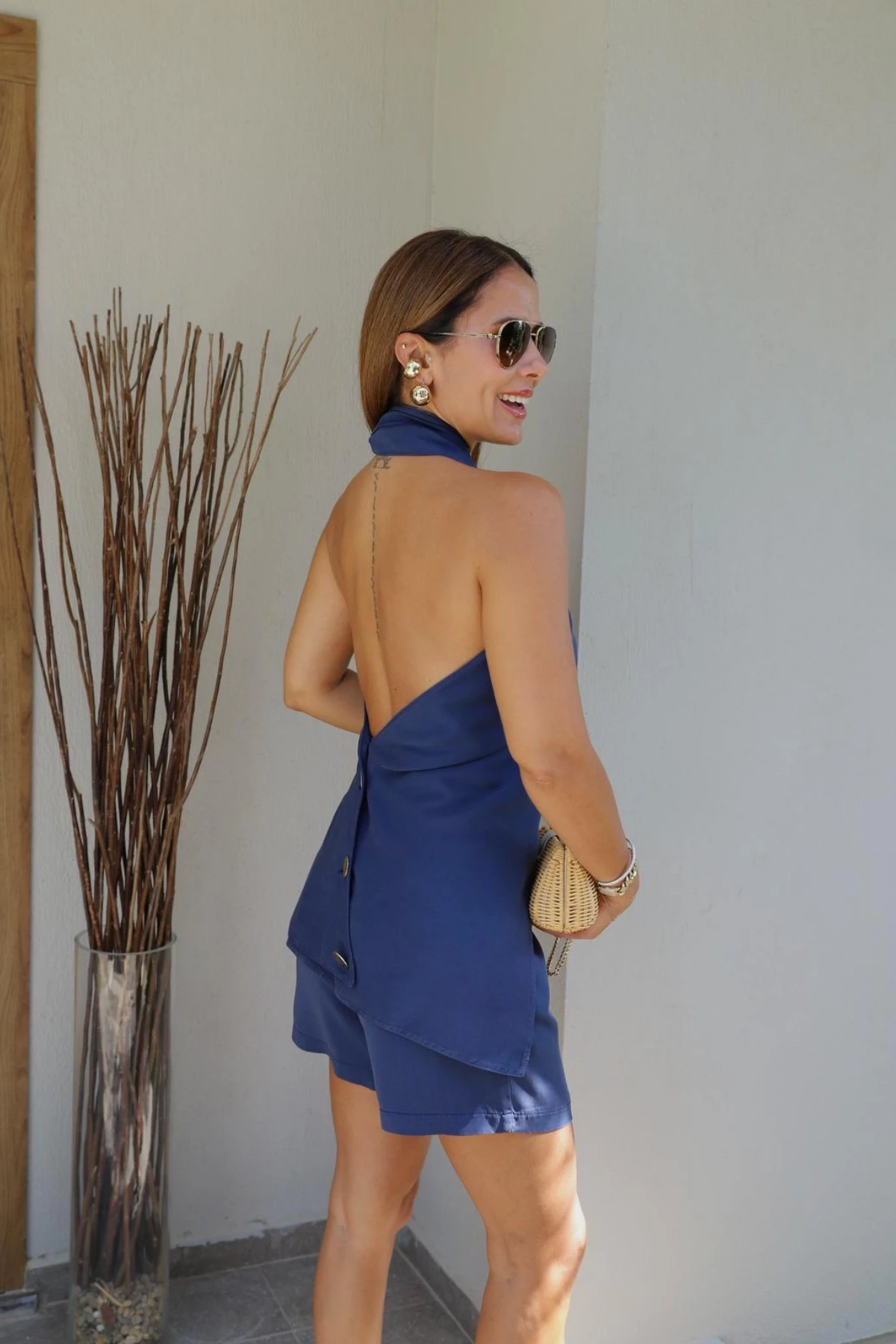 Navy Blue Cross Neckline Detail Blouse