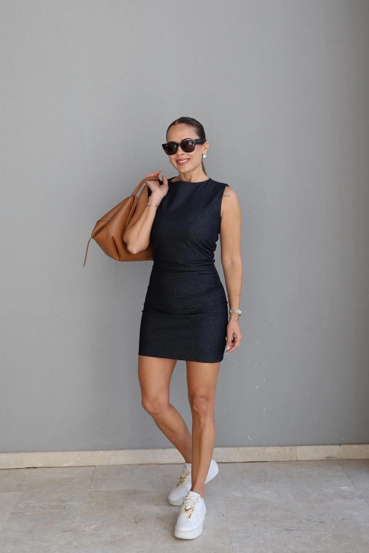 Lacivert Drapeli Mini Jean Elbise