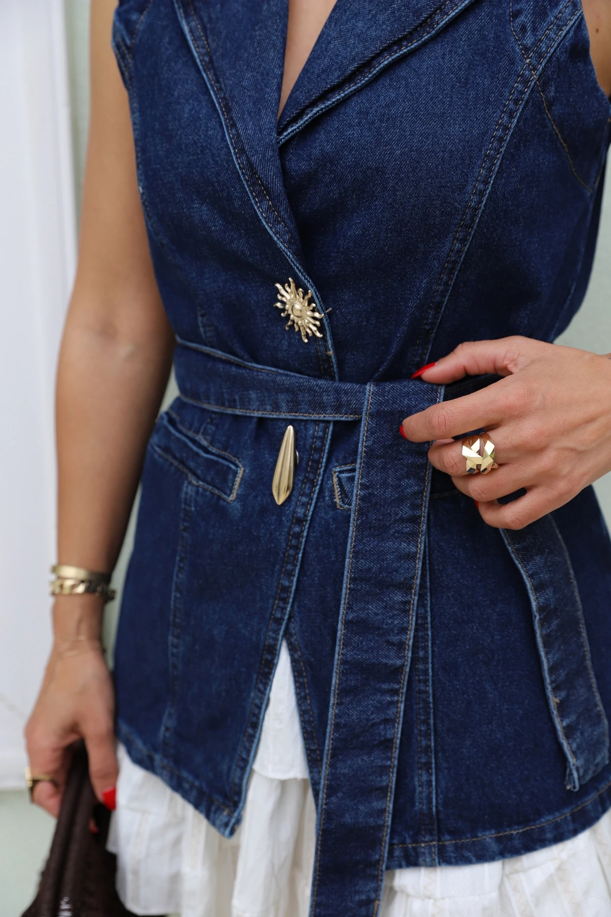 Lacivert Kuşaklı Jean Yelek