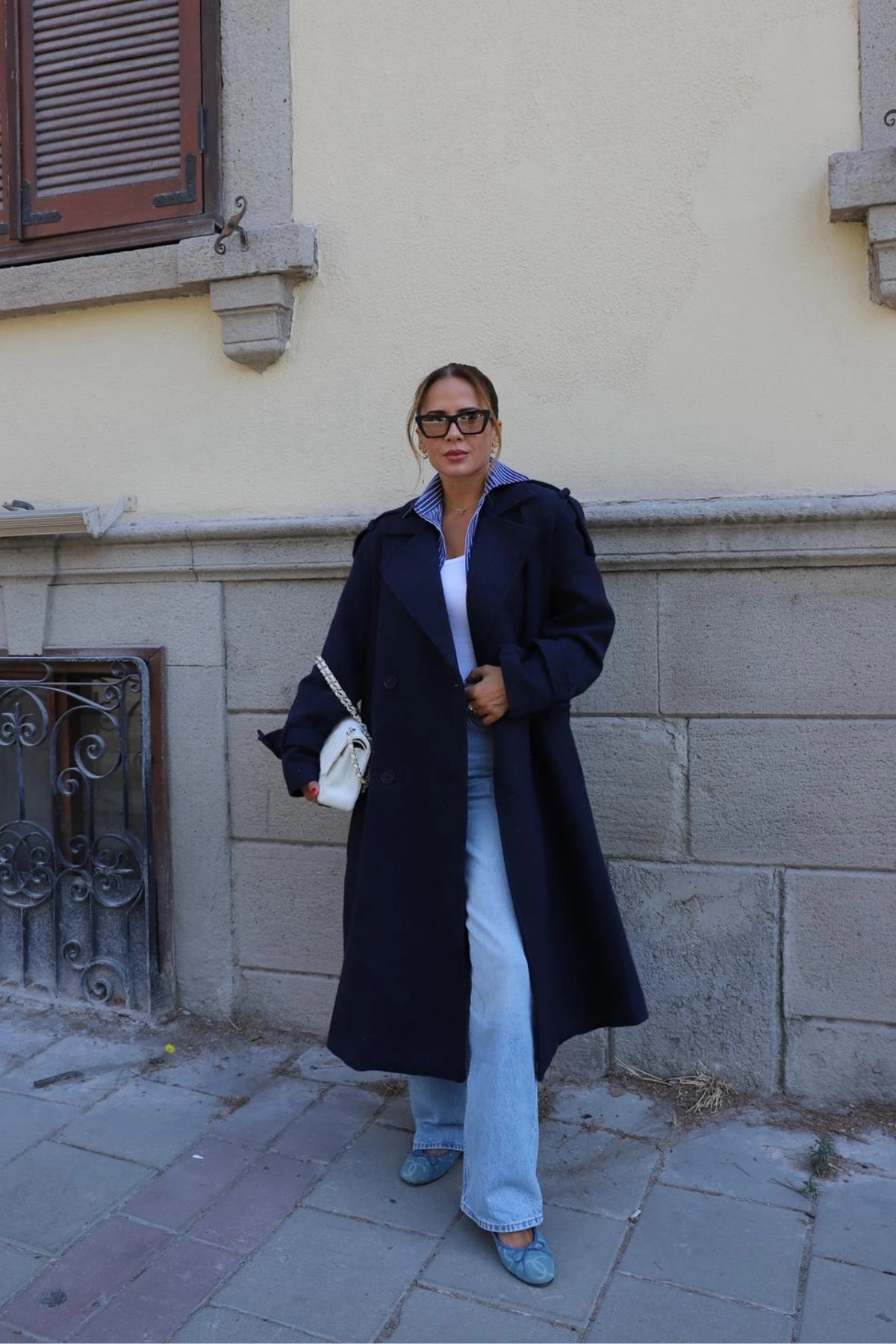 Lacivert Oversize Kaşe Kaban