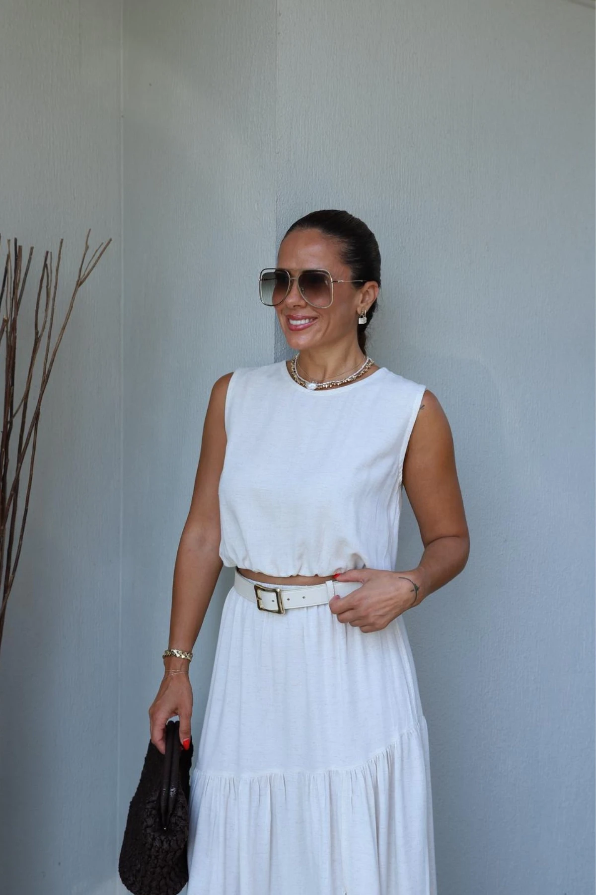 NATURAL Bel Lastik Detay Bluz Etek Takım