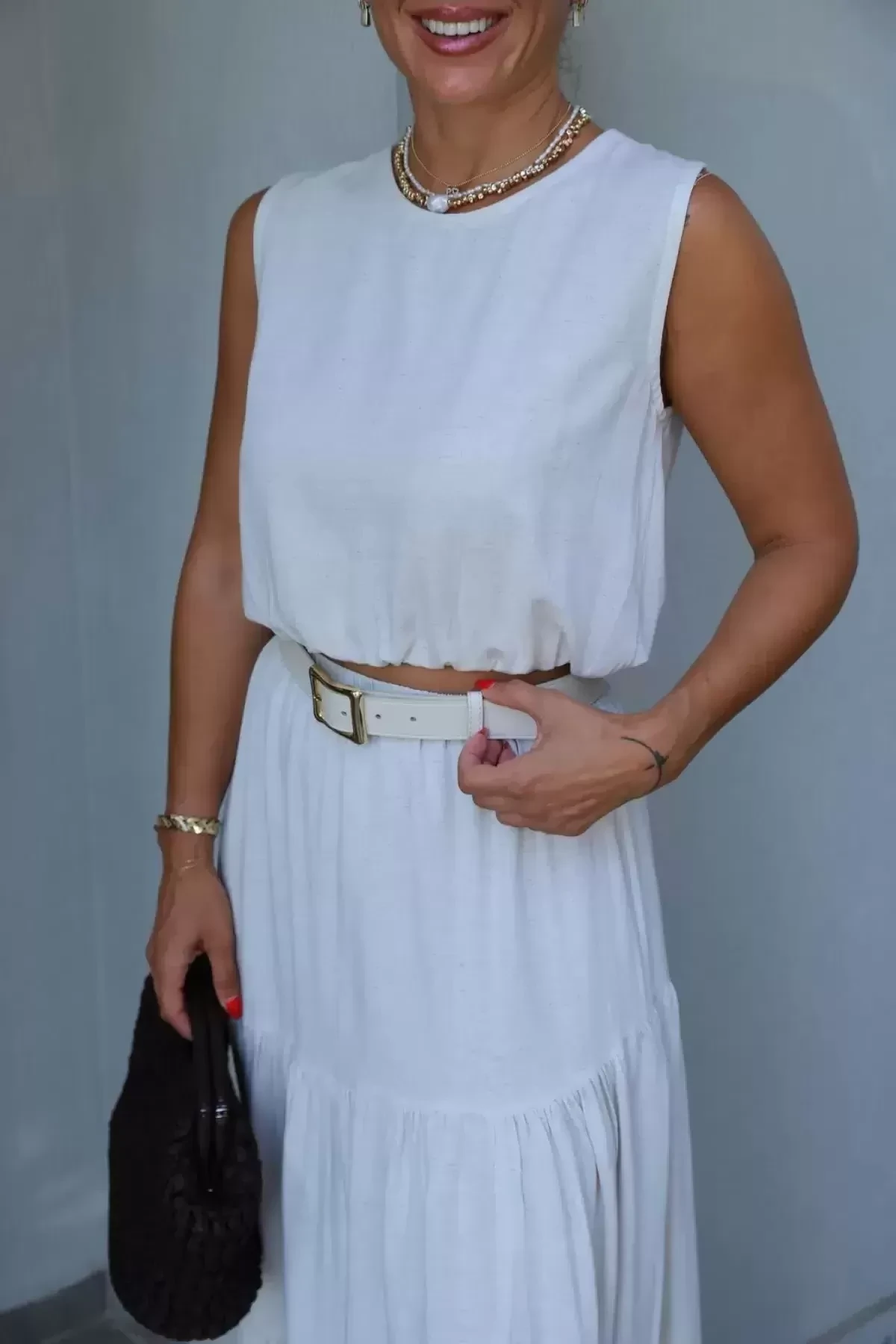 NATURAL Bel Lastik Detay Bluz Etek Takım