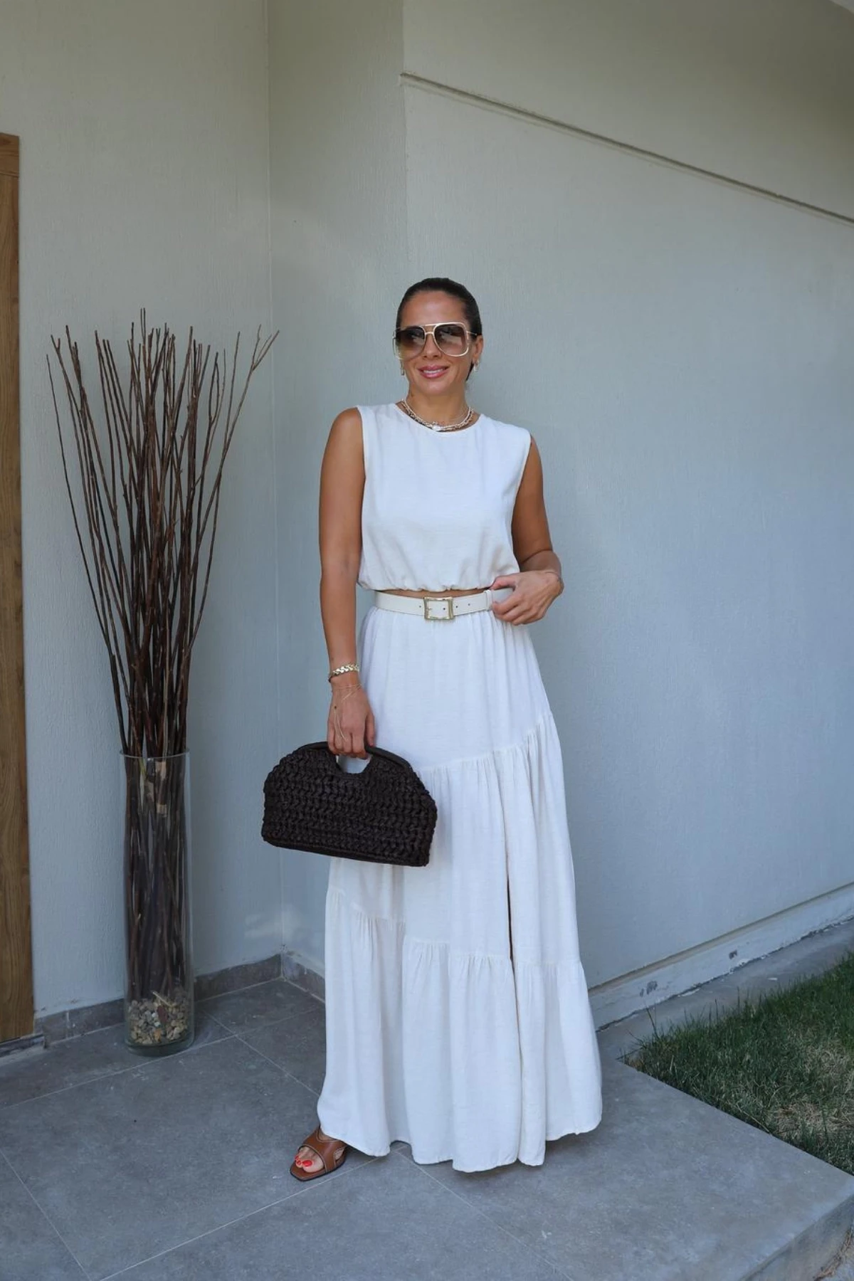 NATURAL Bel Lastik Detay Bluz Etek Takım