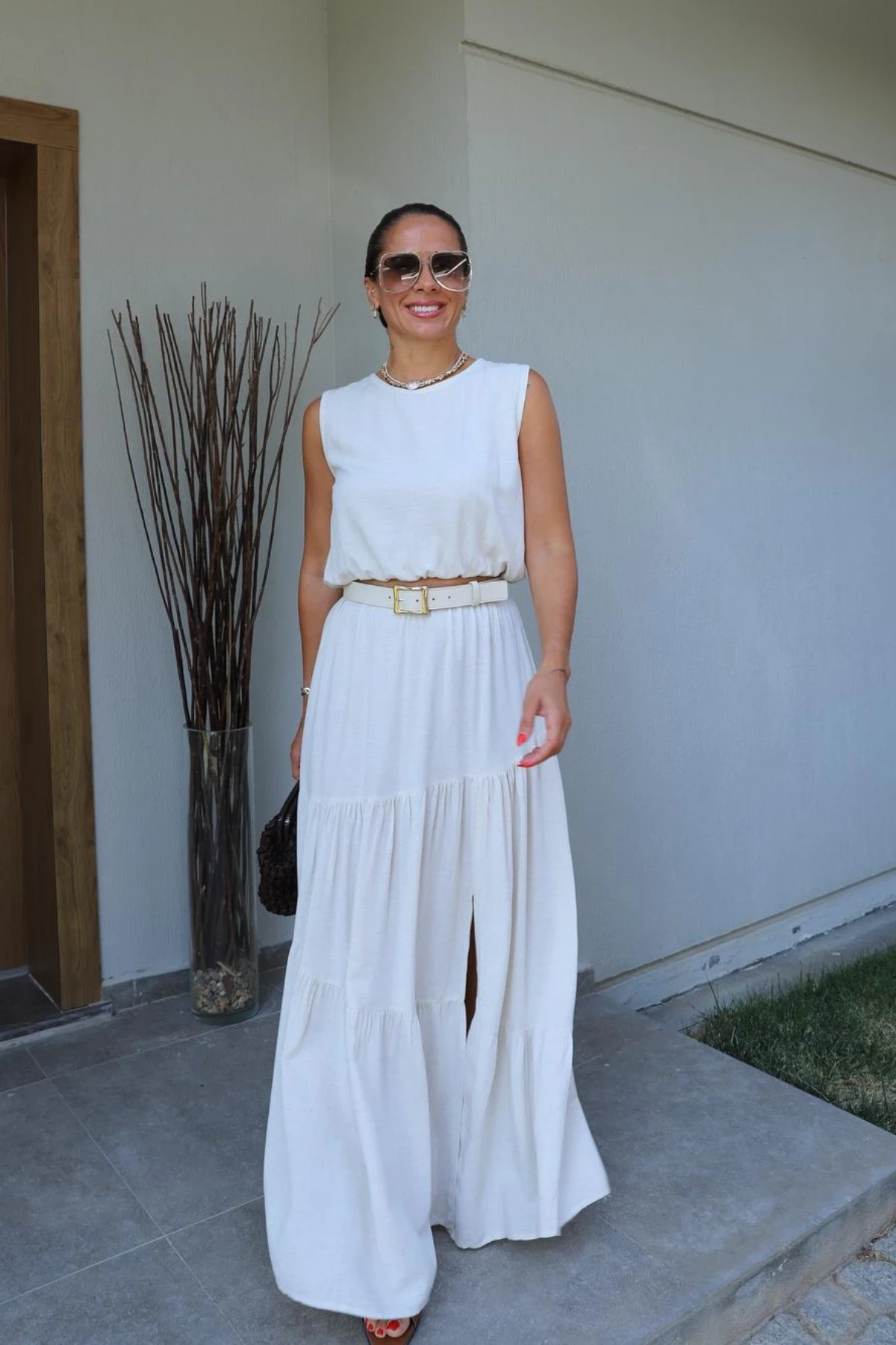 NATURAL Bel Lastik Detay Bluz Etek Takım