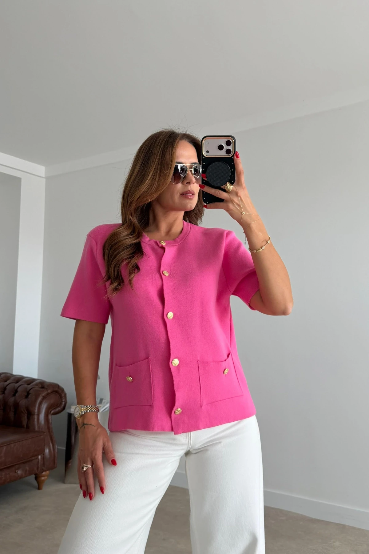 PEMBE Gold Düğme Detay Triko