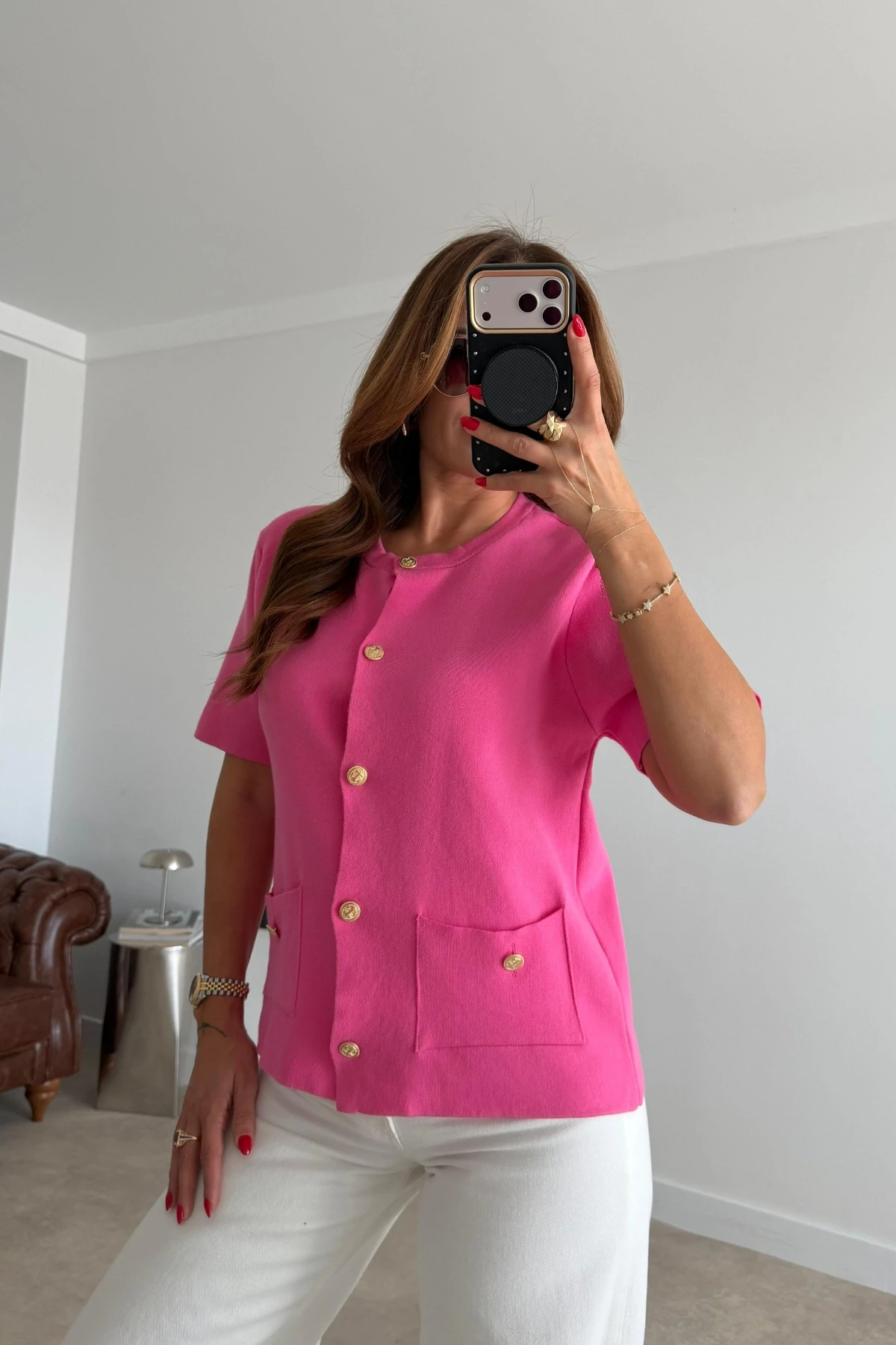 PEMBE Gold Düğme Detay Triko