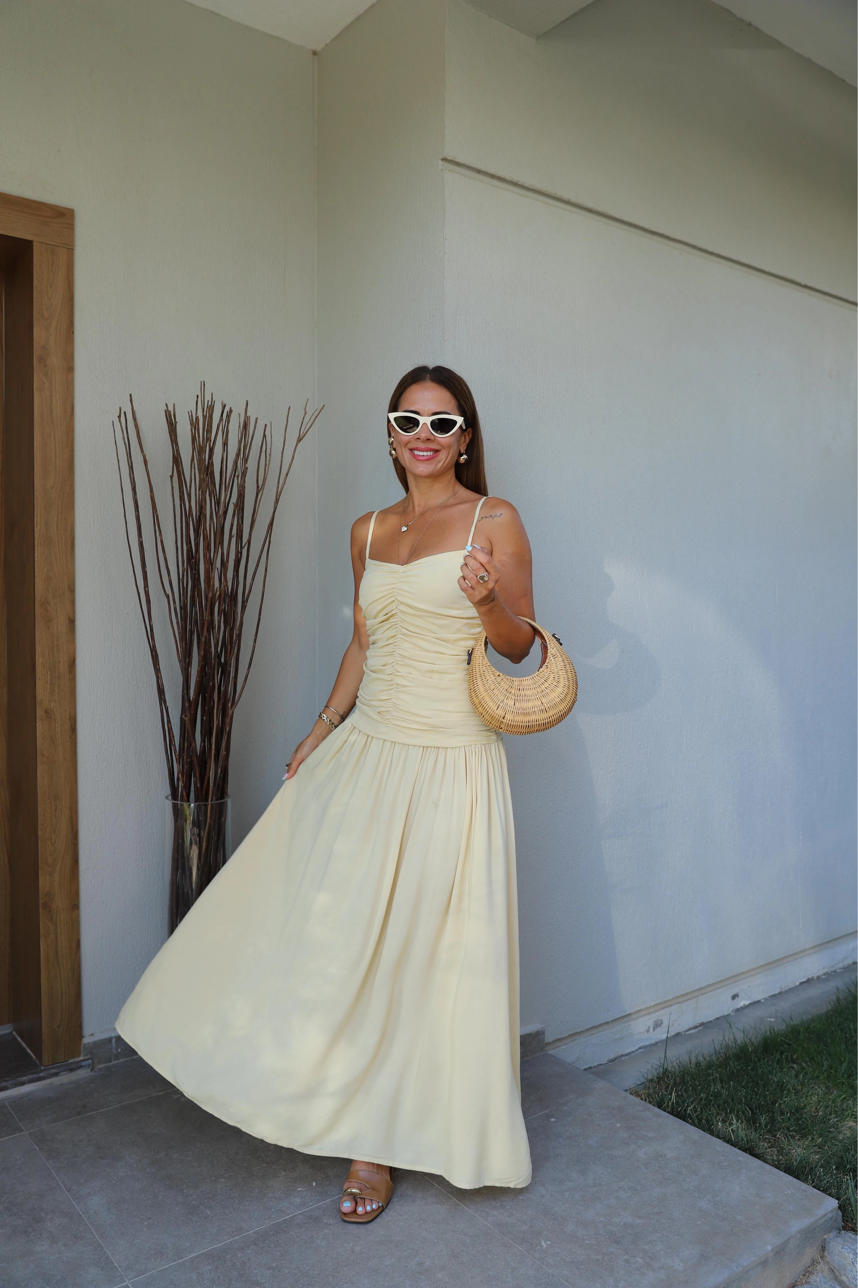 SARI Askılı Drape Detay Maxi Boy Elbise