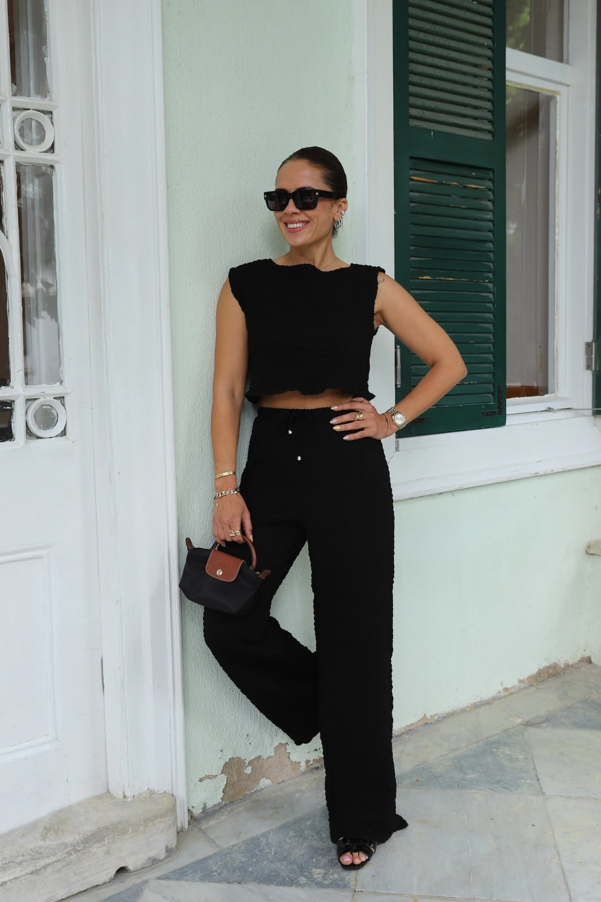 Siyah Bürümcük Crop Pantolon Takım