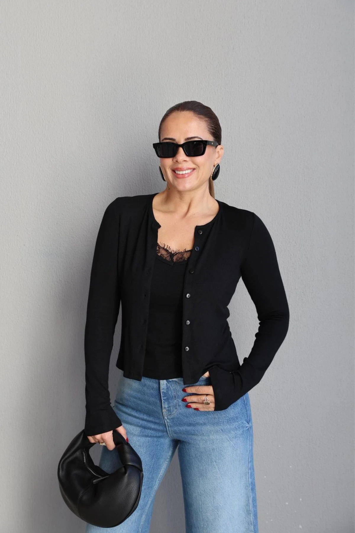 Siyah Dantel Atlet Detay Twin Set Bluz