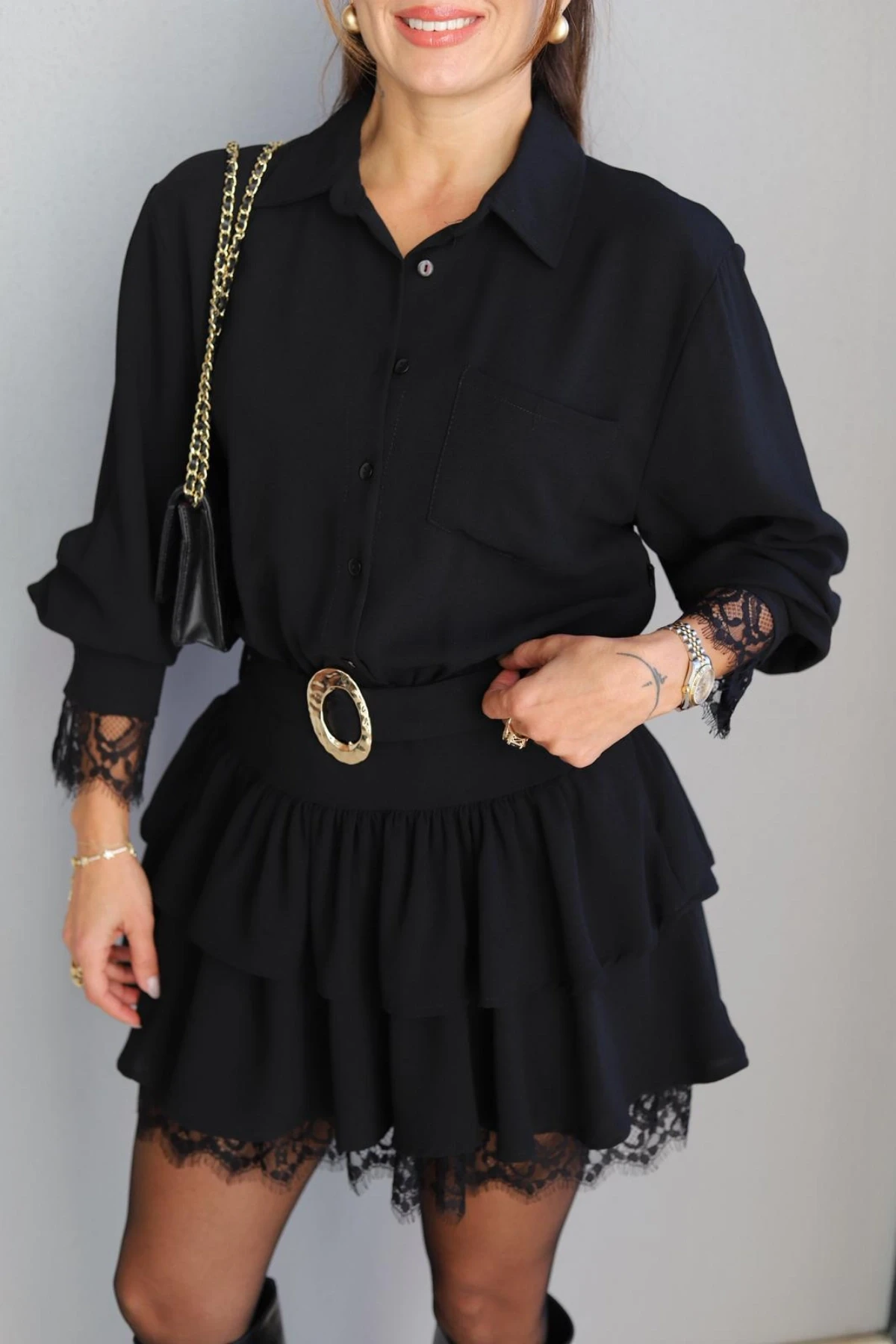 Siyah Dantel Detay Kuşaklı Elbise