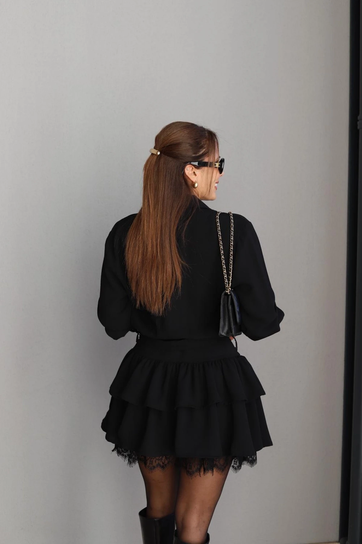 Siyah Dantel Detay Kuşaklı Elbise